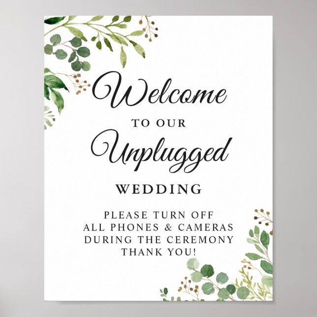Greenery Unplugged Bröllop Ceremony Sign Poster (Framsidan)
