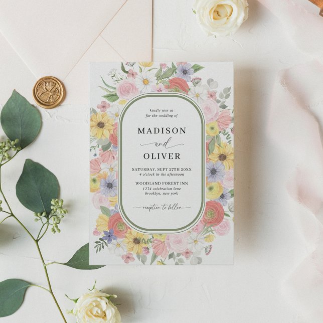 Greenery Vild Flowers Blommigt Watercolor Bröllop Inbjudningar (Skapare uppladdad)