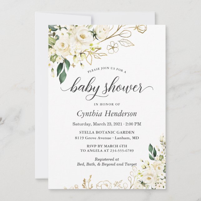 Greenery Vit ros Blommigt Guld Baby Shower Inbjudningar (Framsida)