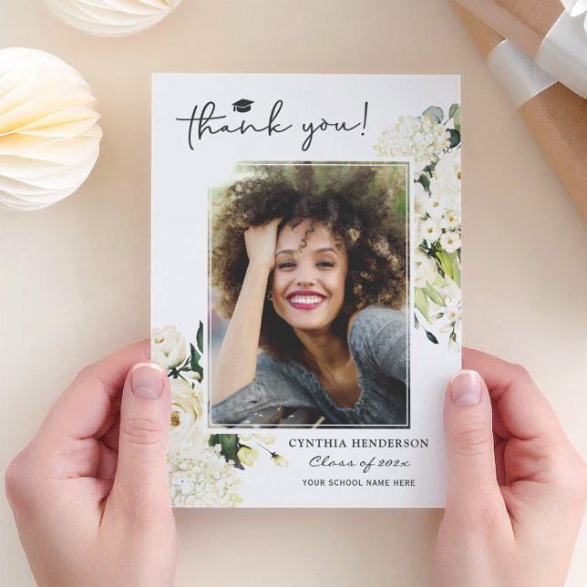 Greenery Vit ros Blommigt Studenten Photo Tack Kort (Skapare uppladdad)