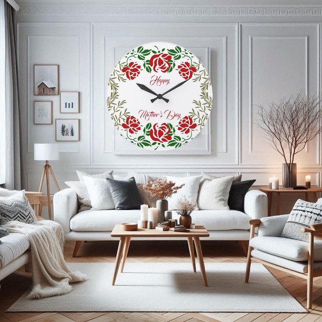 Greenery Wall mors dag Röd ros Blommigt Stor Klocka (Happy Mothers Day Red Rose Floral Greenery Wall Large Clock)