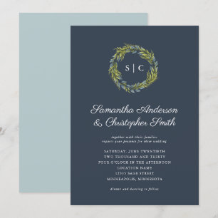 Greenery WAN Monogram Mörk Teal Blue Bröllop Inbjudningar