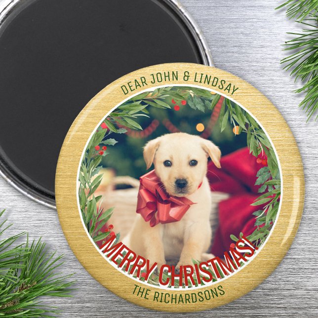 Greenery Wandey Anpassningsbar Photo Guld jul Magn Magnet (Capture the spirit of holiday season with our custom Christmas photo magnet!)