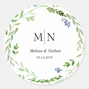 Greenery Wandey Bröllop Monogram Sticker Runt Klistermärke