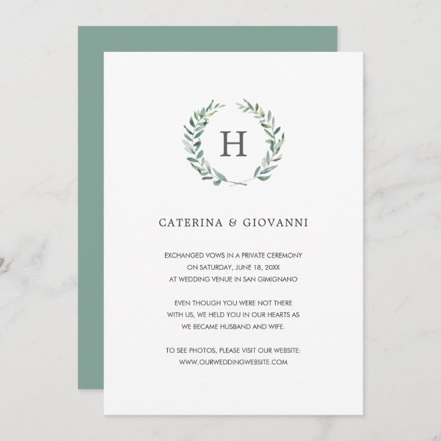 Greenery Wandey Elegant Monogram Elopement Bröllop Meddelande (Fram/baksida)