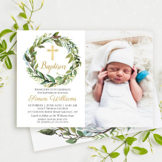 Greenery Wandey Guld Kor Boy Baptism Photo Inbjudningar