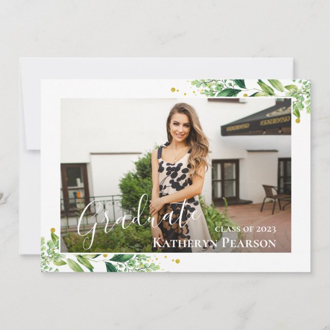 Greenery Wandey Guld Navy Blue 2 Photo Studenten Inbjudningar (Baksida)