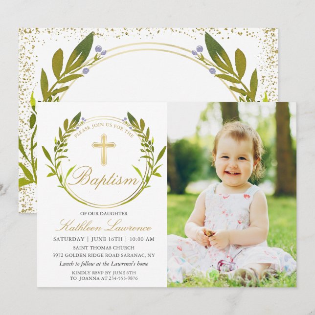 Greenery Wandey Kor Girl Girl Baptism Photo Inbjudningar (Fram/baksida)
