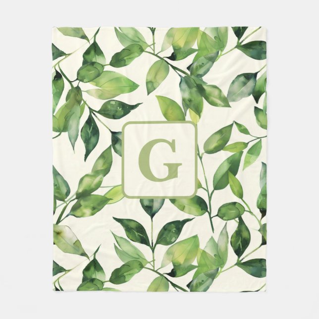 Greenery Watercolor Botanical Löv monogram Fleecefilt (Framsidan)