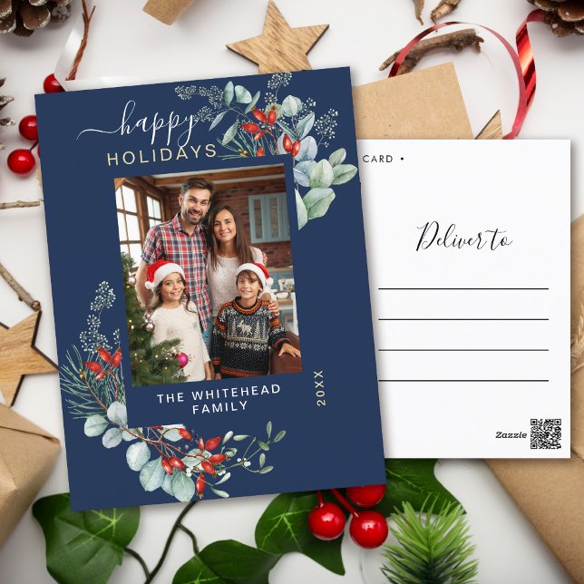 Greenery Watercolor Elegant Navy Blue Helg Vykort (You will love these beautiful Christmas cards! They feature botanical watercolor pine and berries.)