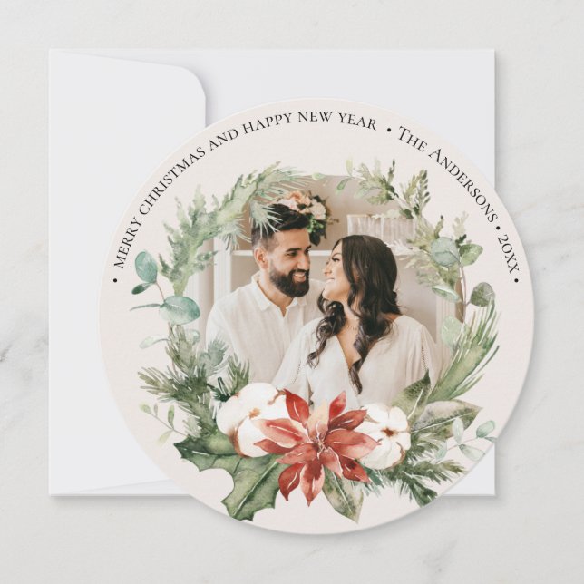 Greenery Watercolor Foto Round jul Kort (Framsida)