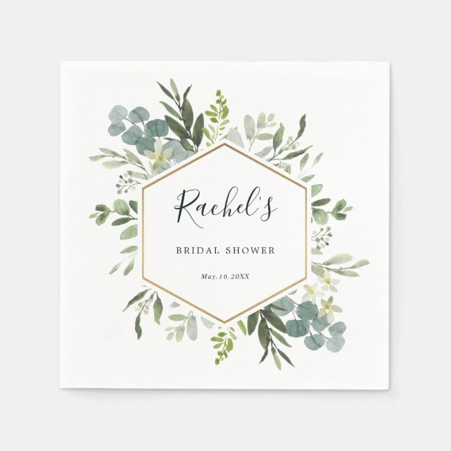 Greenery Watercolor Guld Hexagon Möhippa Pappersservett (Framsidan)