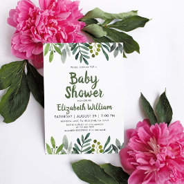 Greenery Watercolor Löv botanical Baby Shower Inbjudningar