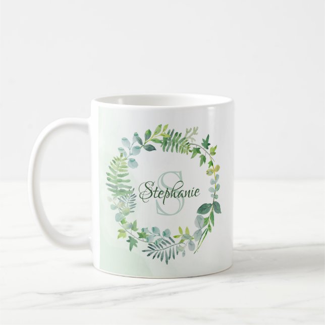 Greenery Watercolor Monogram Namn Kaffemugg (Vänster)