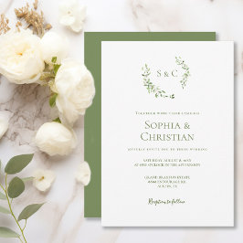 Greenery Watercolor Wandan löv Monogram Bröllop Inbjudningar