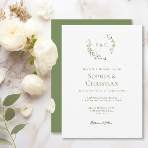 Greenery Watercolor Wandan löv Monogram Bröllop Inbjudningar