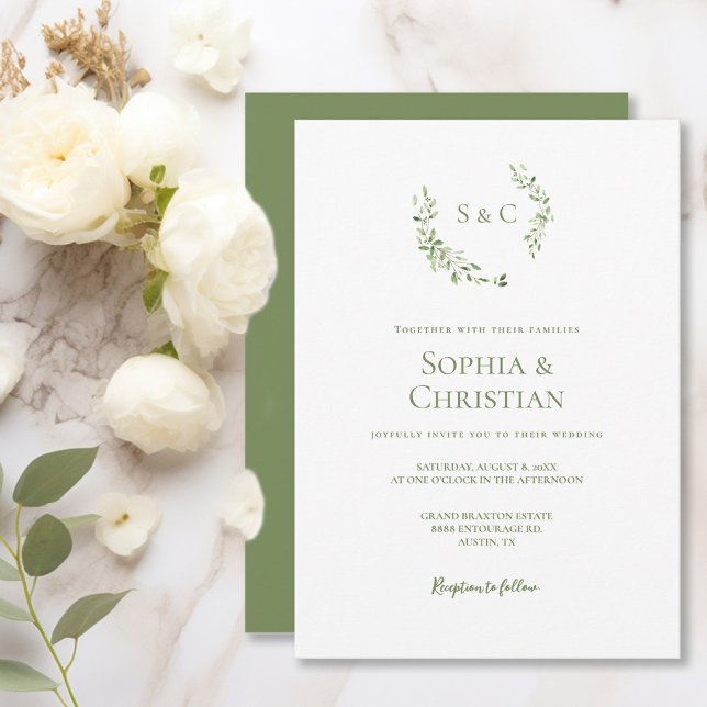 Greenery Watercolor Wandan löv Monogram Bröllop Inbjudningar (Green white wedding monogram crest invitation.)
