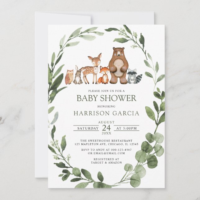 Greenery Watercolor Woodland Animals Baby Shower Inbjudningar (Framsida)
