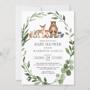 Greenery Watercolor Woodland Animals Baby Shower Inbjudningar
