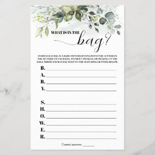 Greenery What is in Bag Baby Shower Game Flygblad