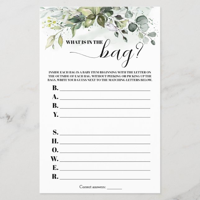 Greenery What is in Bag Baby Shower Game Flygblad (Framsidan)