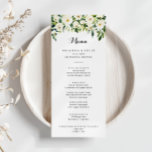 Greenery White Autumn Blommigt Calligraphy Dinner Meny<br><div class="desc">Det här gröna vita kalligrafkortet för blommigt på hösten är perfekt för ett rustiskt bröllop. Konstruktionen har vattenfärgade vita peonier med elegant med gröntens löv. Den här menyn kan användas för bröllopsmottagning,  repetitionsmiddag,  möhippa eller vilken händelse som helst.</div>