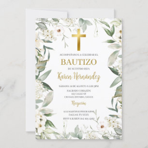 Greenery white blomma Baptism Spansk inbjudan