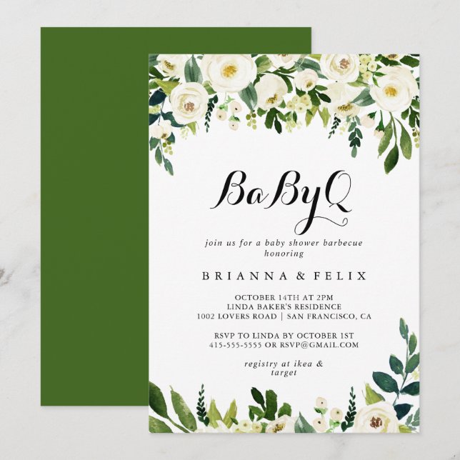 Greenery White Blommigt BabyQ Baby Shower Barbecue Inbjudningar (Fram/baksida)