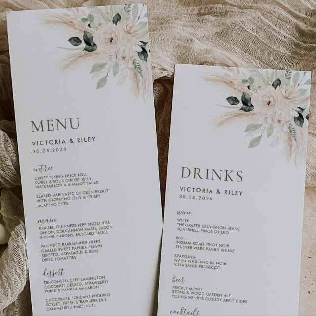 Greenery White Blommigt Bröllop Menu VICTORIA Meny (VICTORIA SUITE | Double Sided Menu / Drinks Menu | Matching items available)