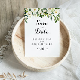 Greenery White Blommigt Calligraphy Save Date Vykort