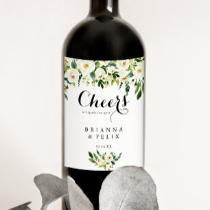 Greenery White Blommigt Cheers Bröllop Vin-etikett Vinflaska Etikett