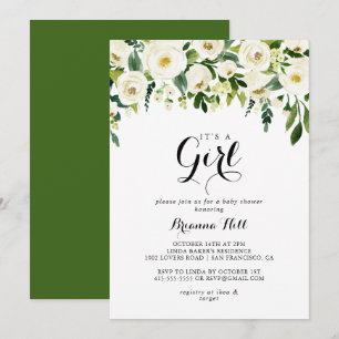 Greenery White-Blommigt Det är en babyskö Inbjudningar