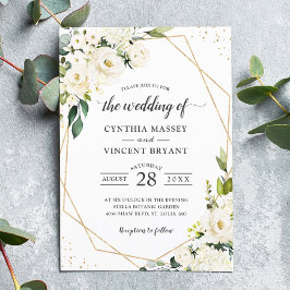 Greenery White Blommigt Guld Geometric Bröllop Inbjudningar