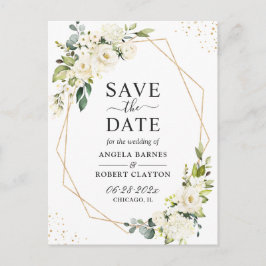 Greenery White Blommigt Guld Geometric Save Date Vykort