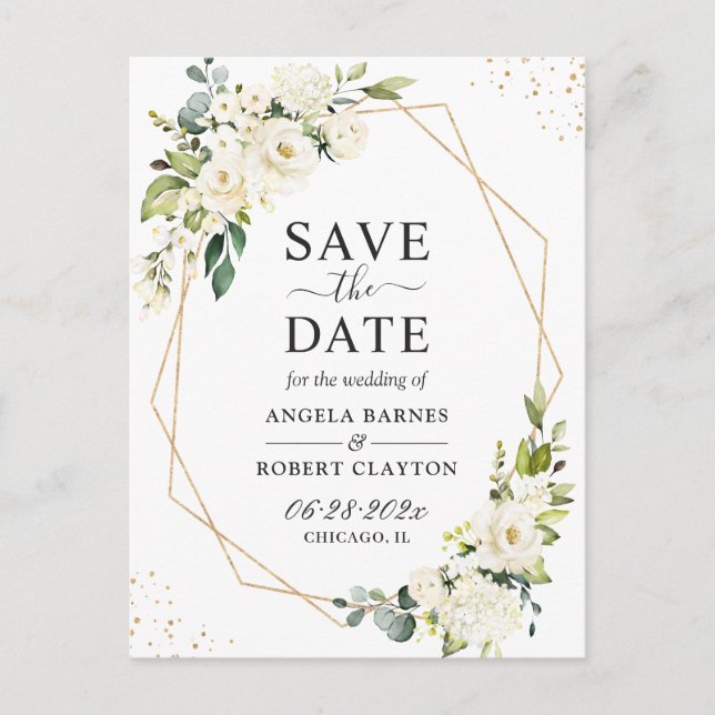 Greenery White Blommigt Guld Geometric Save Date Vykort (Framsida)