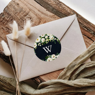 Greenery White Blommigt Royal Blue Monogram Bröllo Runt Klistermärke