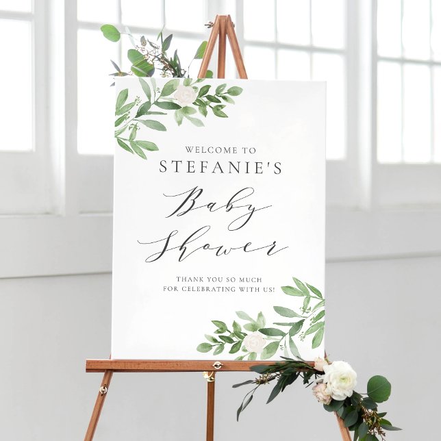 Greenery White Flowers Grått Baby Shower Välkommen Poster (Skapare uppladdad)