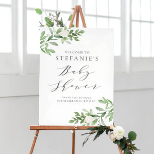 Greenery White Flowers Grått Baby Shower Välkommen Poster