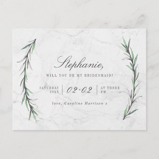 Greenery & White Marble blir min bridesmaid Inbjudan Vykort (Framsida)