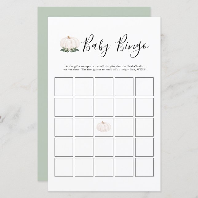 Greenery White Pumpkin Baby Shower Bingo Game (Fram/baksida)