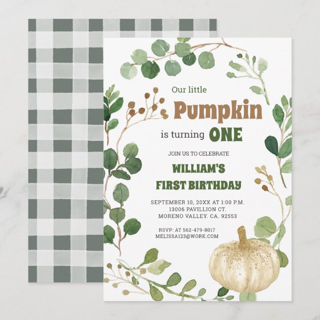 Greenery White Pumpkin Boy First Birthday Inbjudningar (Fram/baksida)