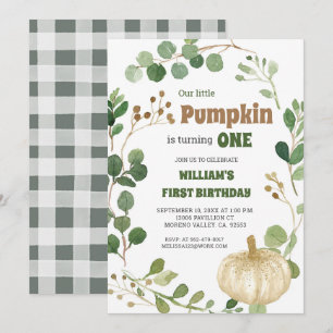 Greenery White Pumpkin Boy First Birthday Inbjudningar
