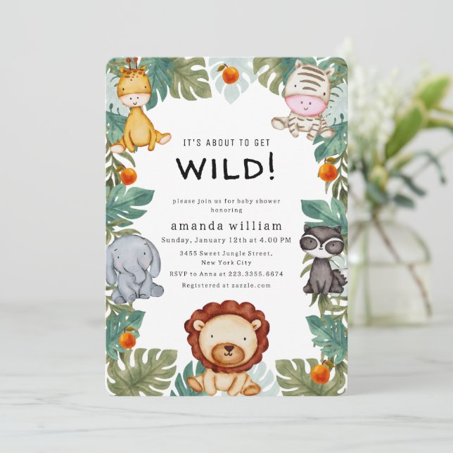 Greenery Wild Forest Sarafi Animals Baby Shower Inbjudningar (Stående Fram)