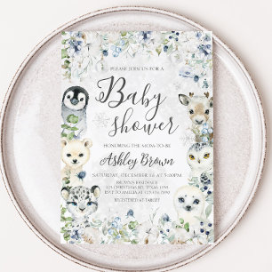Greenery Winter Arctic Animals Baby Shower Inbjudningar