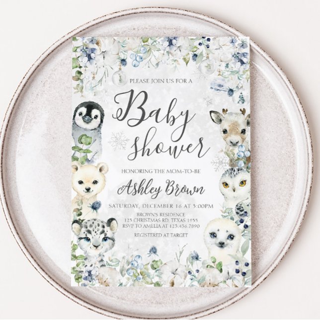 Greenery Winter Arctic Animals Baby Shower Inbjudningar (Arctic Animals Baby Shower Invitation)