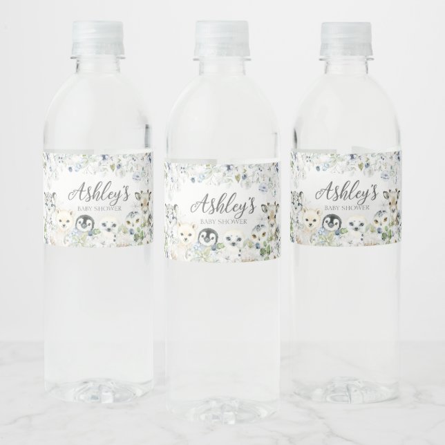 Greenery Winter Arctic Animals Baby Shower Vattenflaskor Etikett (Flaskor)