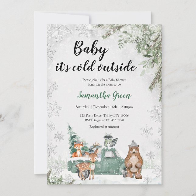 Greenery Winter Woodland Baby Shower Inbjudningar (Framsida)