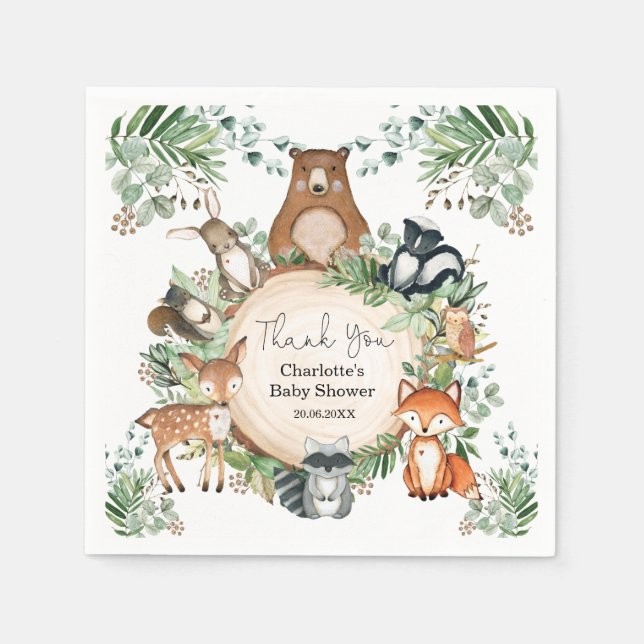 Greenery Woodland Animals Baby Shower 1:a födelsed Pappersservett (Framsidan)