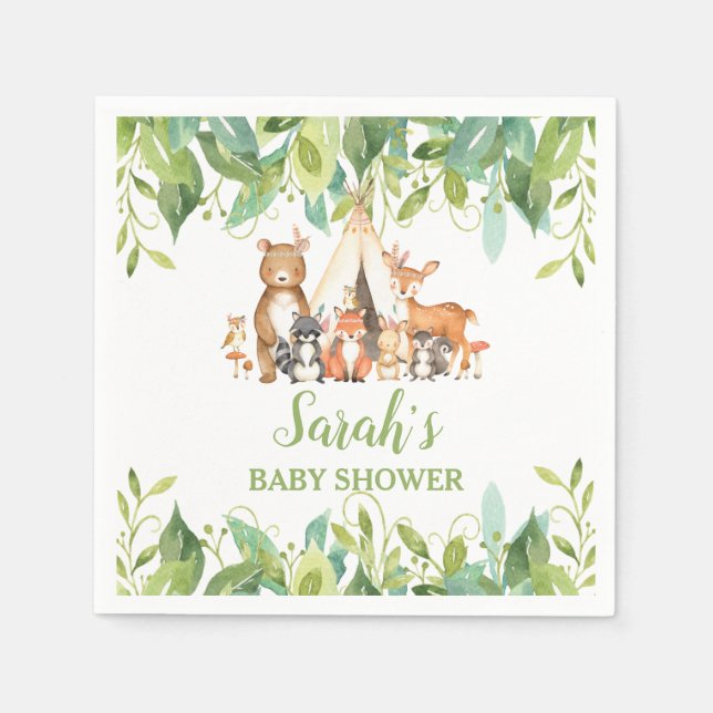 Greenery Woodland Animals Baby Shower Birthday Boy Pappersservett (Framsidan)