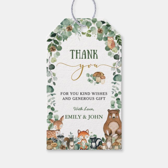 Greenery Woodland Animals Baby Shower Birthday Presentetikett (Framsidan)